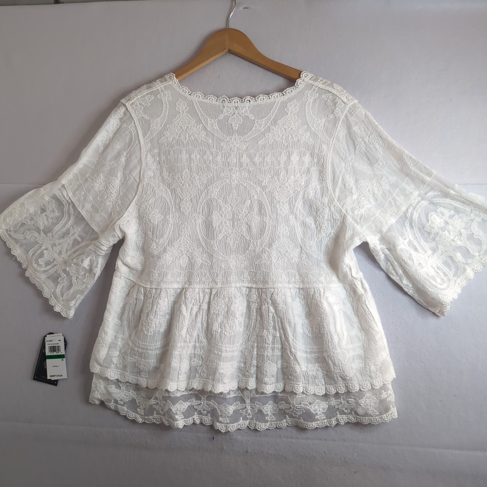 Democracy White Lace Embroidered Babydoll Top B7213PW1E Large NWT - Picture 8 of 10